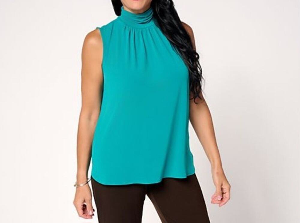 Susan Graver Med Teal Liquid Knit Sleeveless Top Ruched Mock Neck A667478 NWOT